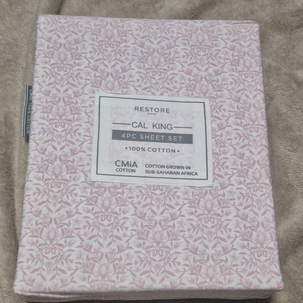 Restore Home Cal King 4PC Sheet Set 100% Cotton Pink White Floral Damask CMiA